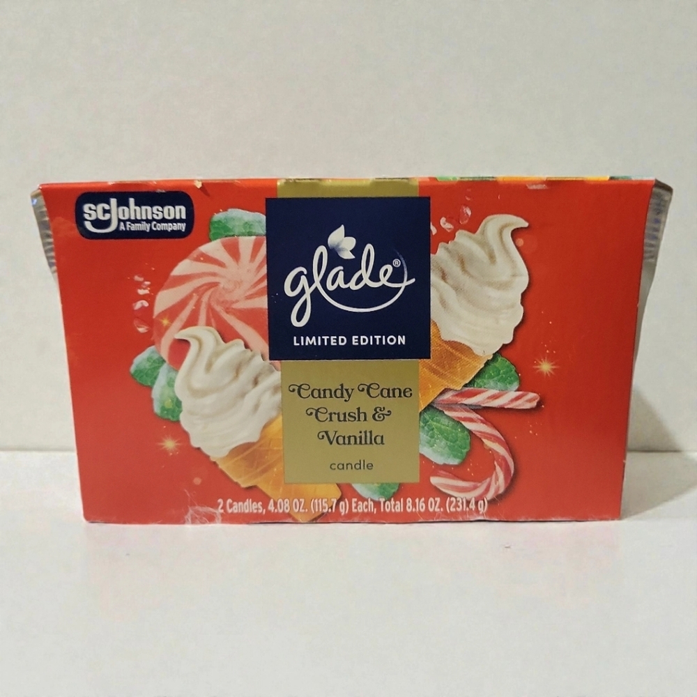 2 Glade Ltd Ed Candy Cane Crush & Vanilla Scented Candles 2/4.08 Oz Glass Jars